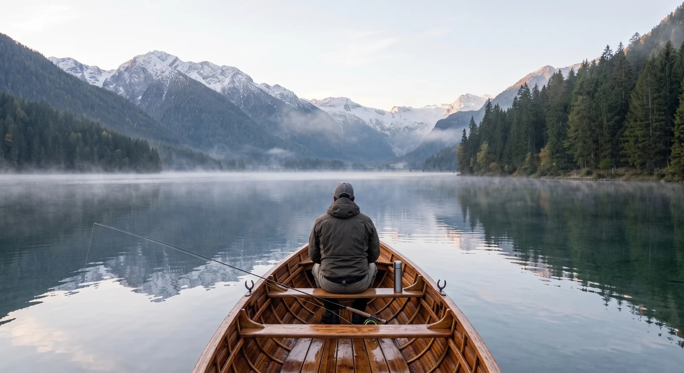 Pescatore con la mosca su un lago di montagna all'alba